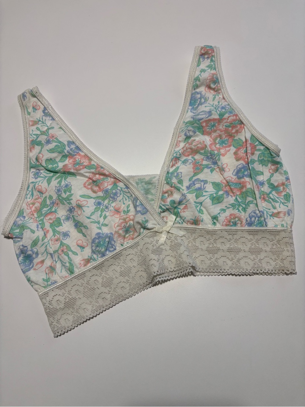 Vintage White & Pastel Floral & Butterfly Pattern Cotton Bralette